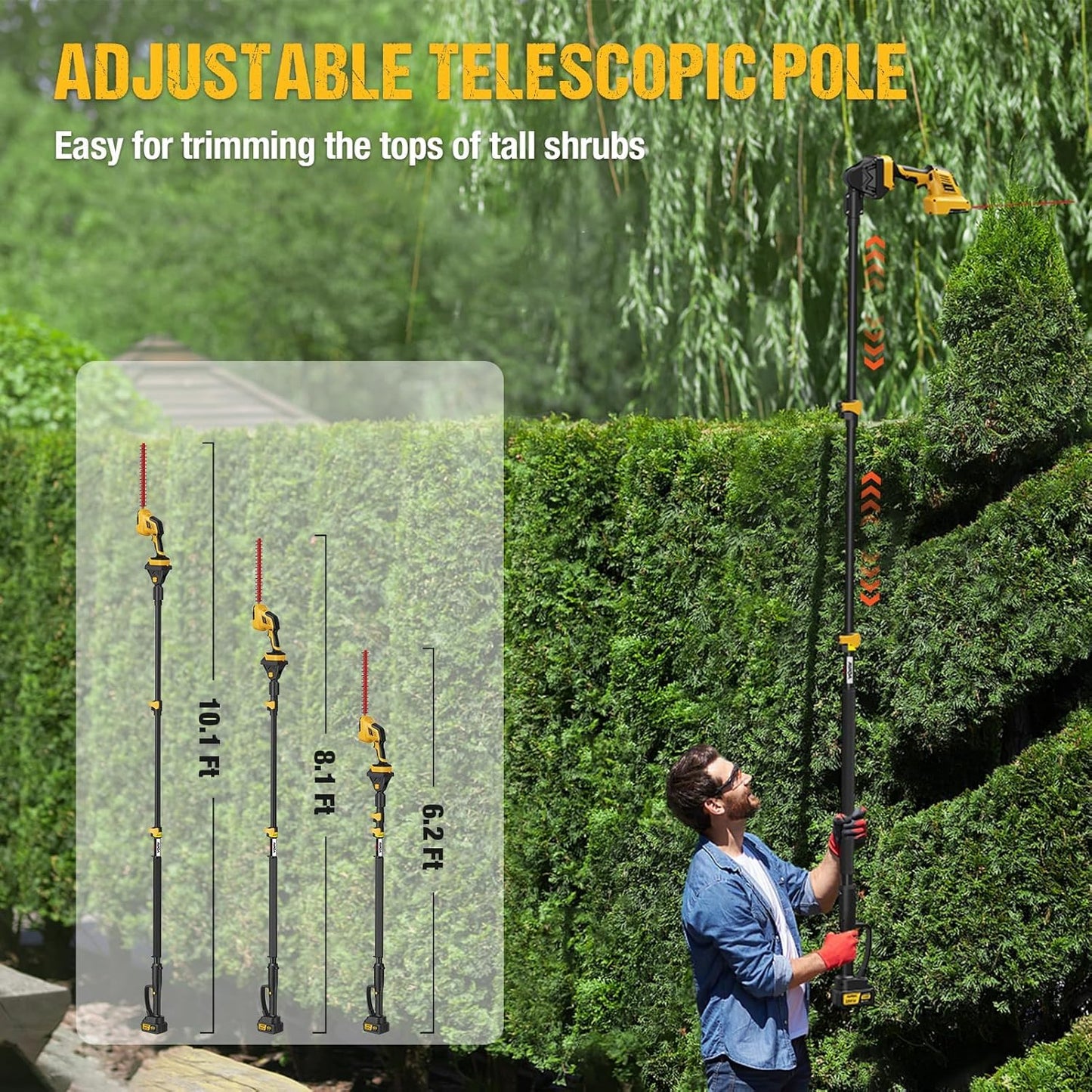 Pole Hedge Trimmer Cordless - Electric Hedge Trimmer & Grass Shear with 2x3000mAh Batteries,180° Adjustable Angle, 16 Ft Reach, Hedge Trimmers Cordless with Battery