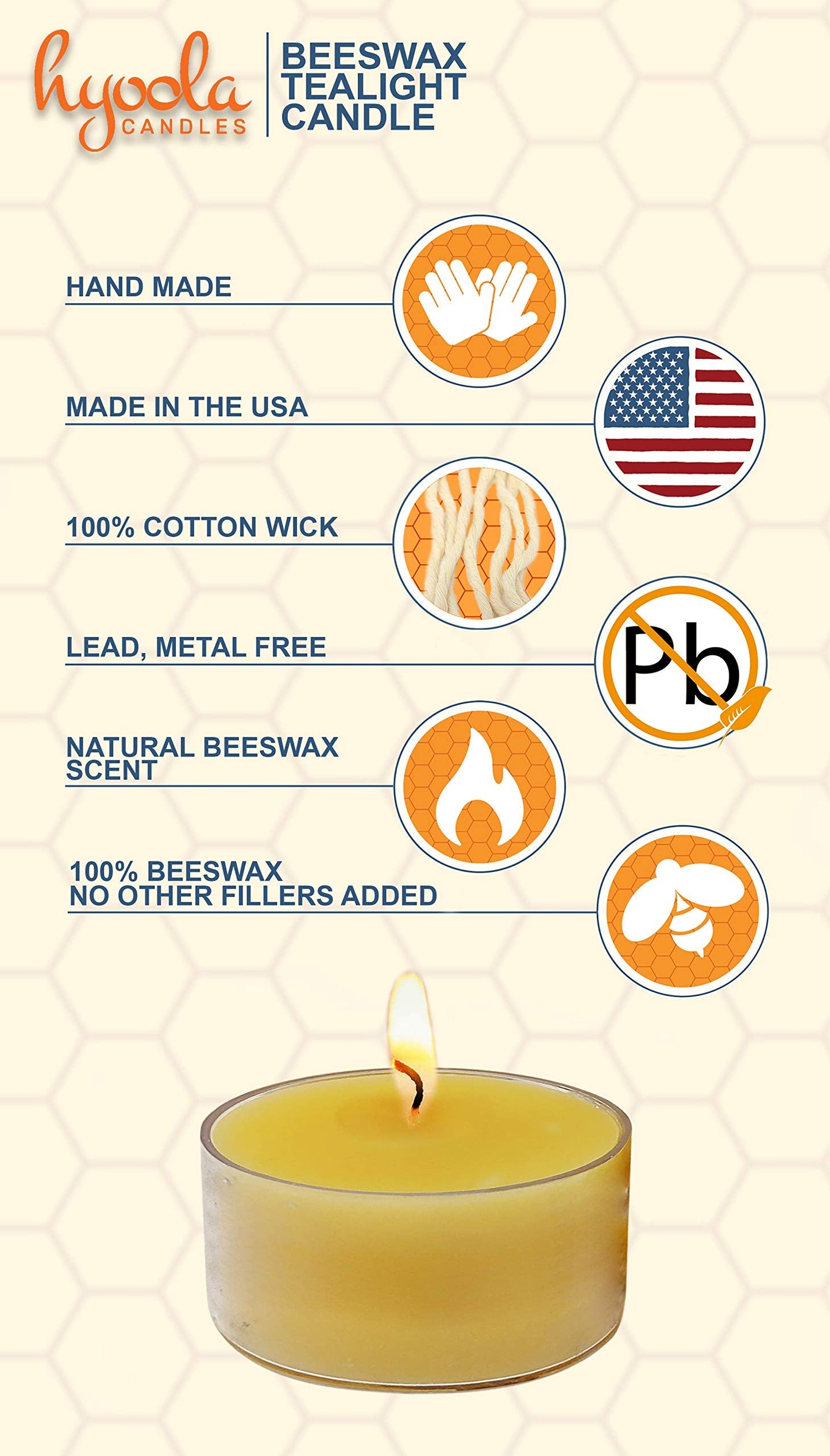 Hyoola Pure Beeswax Tea Lights, Handmade Decorative Unscented, Tealight Candles, 4 Hour Burn Time, Clear Cup (Pack of 24)