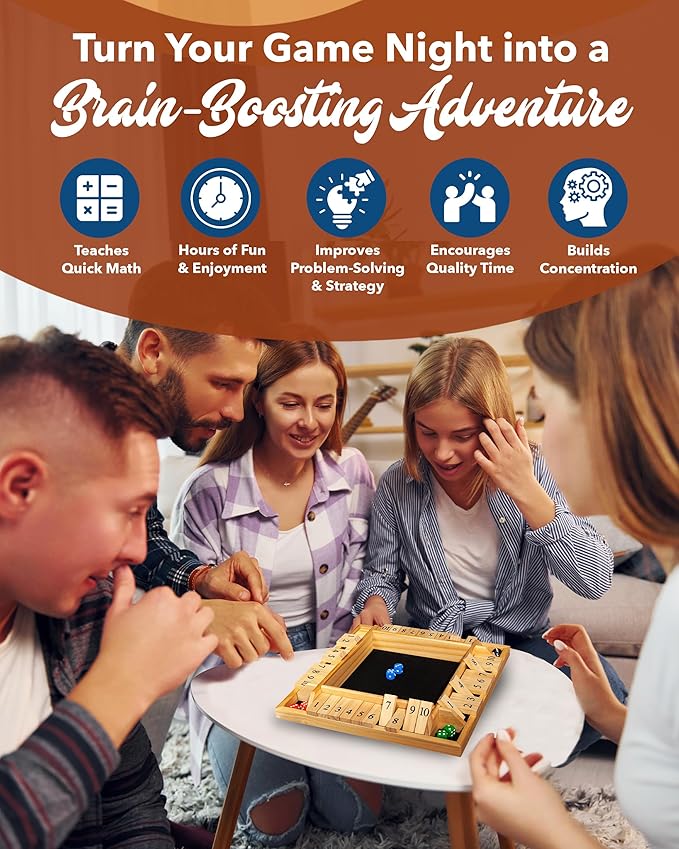 WE Games Wooden Shut the Box Game 4 Player - 10 Number Tiles &amp 8 Dice - Large 14-Inch Natural Wood Finish
