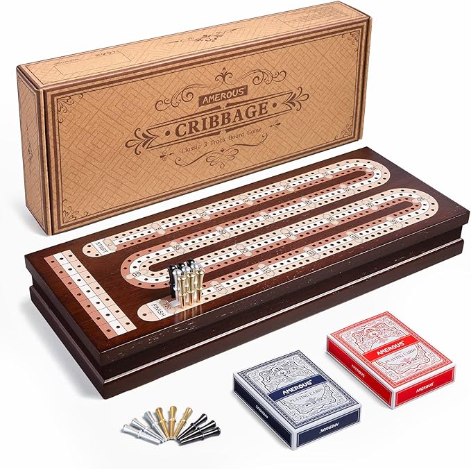 AMEROUS Wooden Cribbage Board Game Set with Magnetic Lock / 9 Metal Pegs / 2 Decks of Playing Cards/Larger Storage Area/Instruction Classic Tabletop Game for Family (3 Track Board)