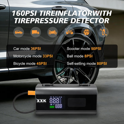 Tire Inflator Portable Air Compressor,2000A Battery Car Jump Starter, Auto Shut-Off,160PSI Air Pump with Tire Gauge Pressure&LED Light,15000PA Vacuum with Suction &Blow, for Cars, Motorcycles, Balls