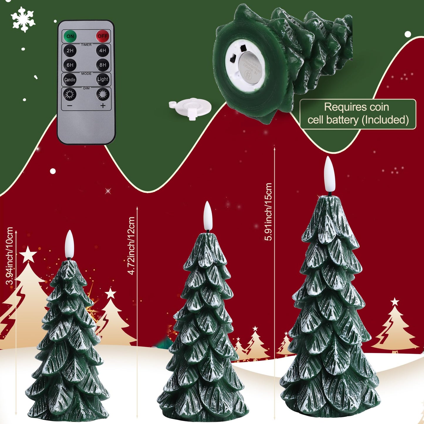 Peninpha 3Pcs Christmas Tree Candles with Remote Timer, Wax LED Flameless Candles Battery Operated with 3D Flickering Flame for Xmas Winter Décor,Green