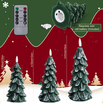 Peninpha 3Pcs Christmas Tree Candles with Remote Timer, Wax LED Flameless Candles Battery Operated with 3D Flickering Flame for Xmas Winter Décor,Green