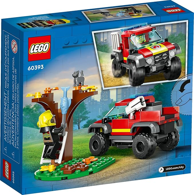 LEGO City 4x4 Fire Engine Rescue Truck 60393 Toy for 5 Plus Year Old Boys &amp Girls Set with Water Element Launcher Firefighter Minifigure and Cat Figure