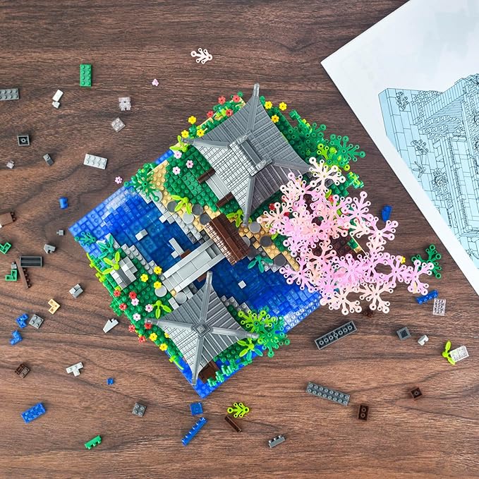 Cherry Blossom Bonsai Tree Micro Building Block Set Chinese Architecture Peach Blossom Pond Kits Japanese Sakura Tree Valentine's Day Gifts for Adults Age 14+ (2705Pieces)