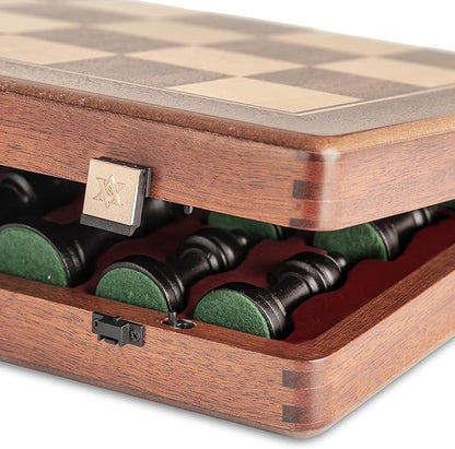 A&ampA Premium Folding Chess Set 19 Wooden Board &amp 3.75 King Height Staunton Pieces with 2 Extra Queens Portable Travel Game Set (Natural Mahogany 19 Inches)