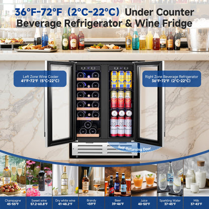 BODEGA COOLER Wine and Beverage Refrigerator, 24 Inch Dual Zone Wine Fridge, Holds 20 Bottles and 74 Count, French Doors, Under-counter or Freestanding Wine Cooler, Beverage Fridge with Tempered Glass