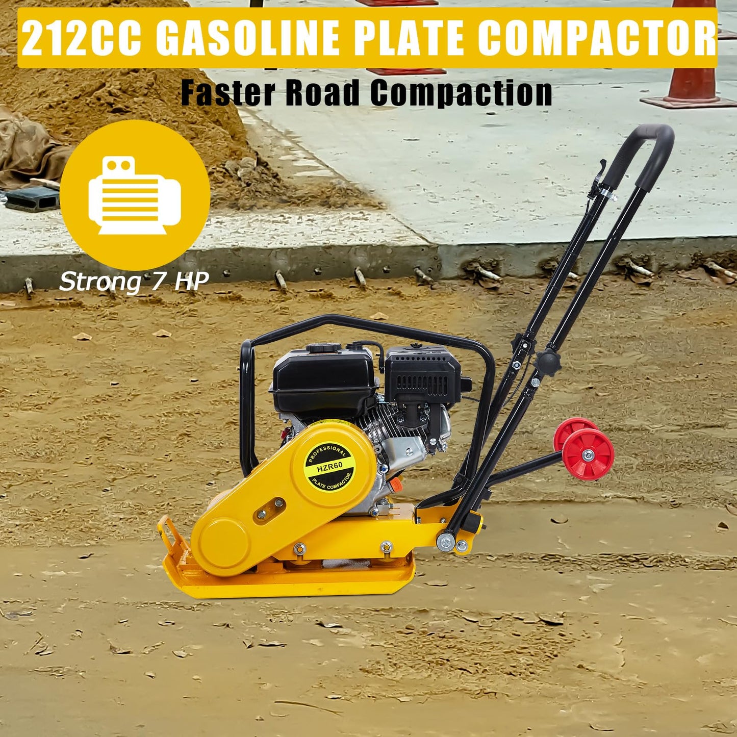 GarveeHome 7HP Plate Compactor Rammer, 212CC Gas Engine, 4200lbs Vibratory Compaction Tamper, 22.1x15.9 in Plate Force Rammer, 5600 VPM Pavement Compactor, Jumping Jack Tamper for Walkways, Paving