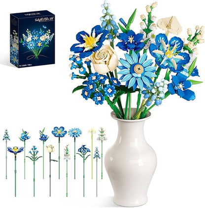 Blue Flower Bouquet Building Set Compatible with Lego Flowers for Adults Artificial Botanical Collection Kit for Valentines Day Mother's Gifts Home Room Desk Shelf Decor