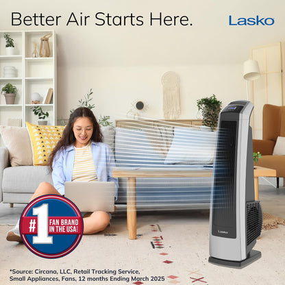 Lasko High Velocity Oscillating Tower Fan, 3 Powerful Speeds, Timer, Adjustable Directional Louvers, Remote Control, For Bedroom, Basement, Garage Use, Black/Silver, 35", U35120