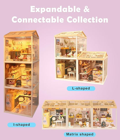 Miniature Bakery Dollhouse Kit - Sunny Pastry Shop DIY Room with Glass Door &amp Protective Roof &amp LED Lights - Creative Building Toy for Adults Teens and Kids - Unique Gift Idea