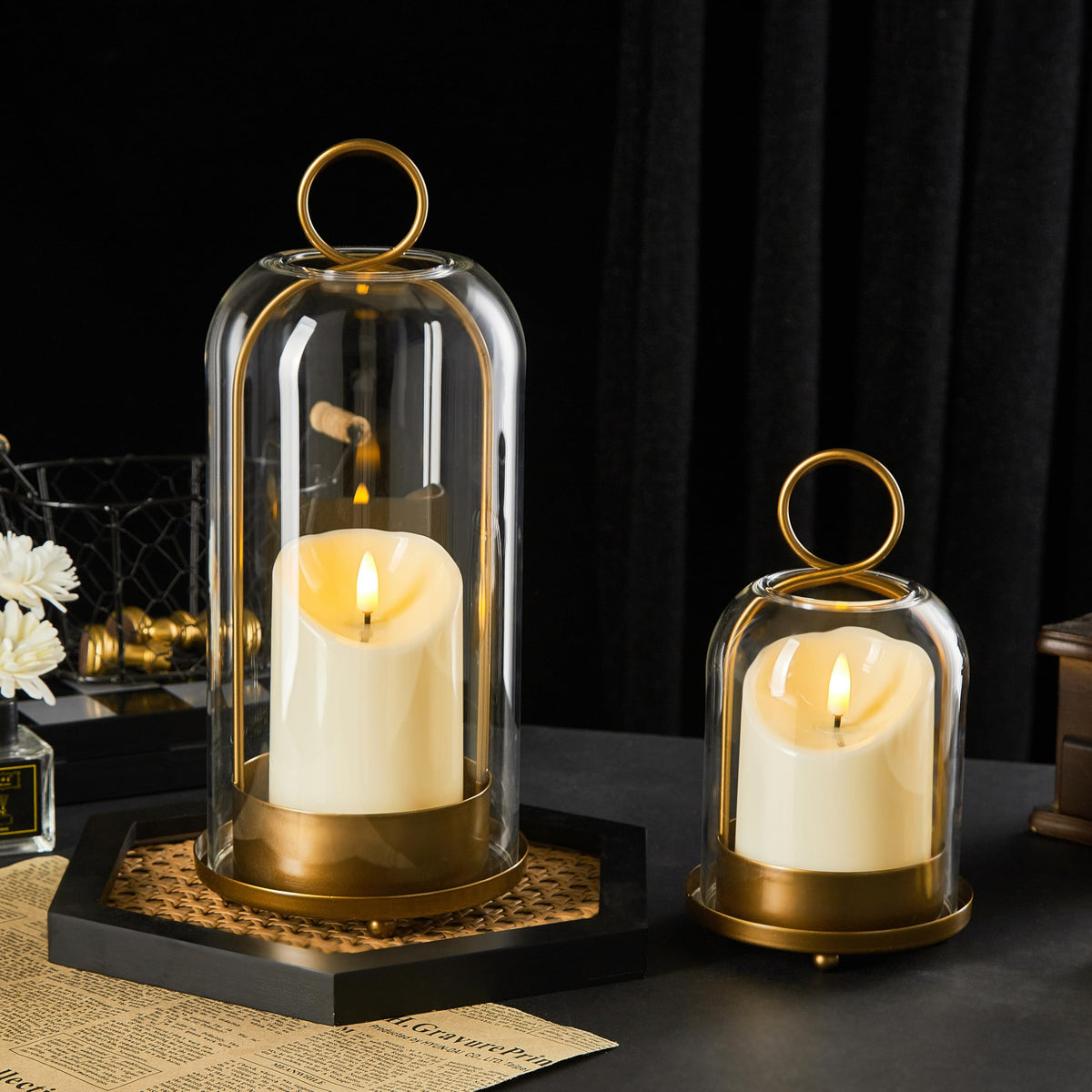 Ganwu 5"&4" Metal Candle Holder with Handmade Glass Dome in Brass & 2 Timer Candles, Set of 2 Versatile Hurricane Glass Candle Holders for Pillar Candles & Plants