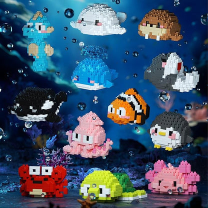 Small Toy GiftParty Favors for Kids12 Boxes Marine Animals Micro Mini Building Blocks Set Birthday Gift for Kids Ages 8-16+