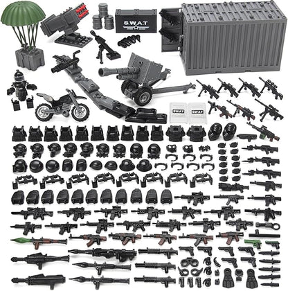 SWAT Team Weapons Pack with Shipping Cargo Container Army Equipment Helmet Armor 325Pcs Various of Military Accessories Building Block Toy Compatible with Major Brands Police Soldiers Figures (Black)