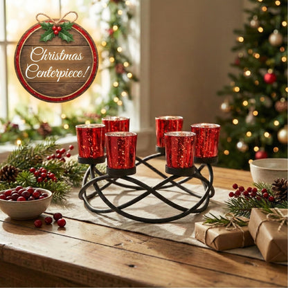 Seraphic Centerpieces for Table Decorations - Round Candle Holders for Outdoor Patio, Dining, Kitchen, Coffee & Wedding Table Decor, Black Iron Candelabra, 6 Red Glass Votive Tealight Cups