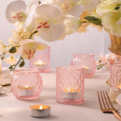 DARJEN 12Pcs Pink Votive Candle Holders- Glass Candle Holders Bulk for Flameless Tea Waxes, Romantic Candle Holder for Wedding & Parties, Home Table Decor