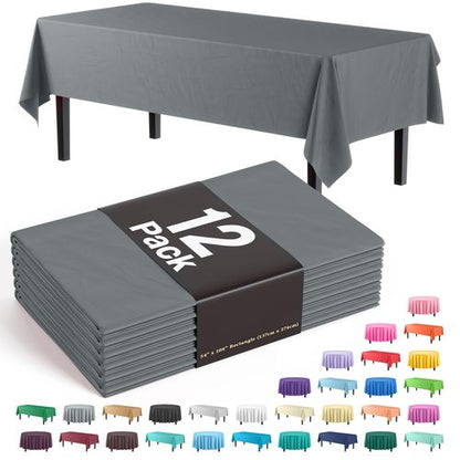 Exquisite 12-Pack Premium Plastic Tablecloth 54 Inch. x 108 Inch. Rectangle Table Cover - Silver