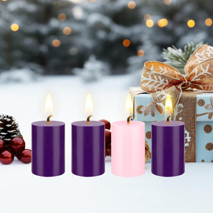 Mega Candles 4 pcs Unscented Christmas Advent Candles Set, Hand Poured Premium Wax Round Pillar Candle 2 Inch x 3 Inch, Holidays, Occasions, Events, Festivitiess, Devotional, Church, Wreath, Gifts