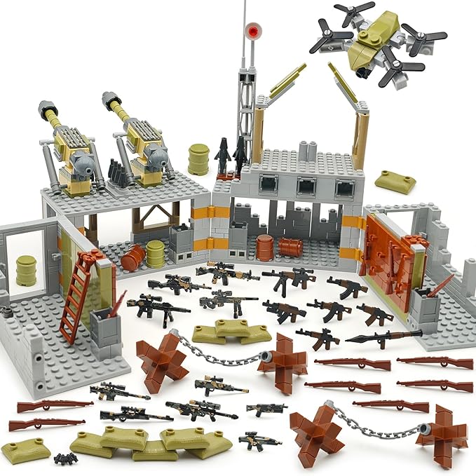 Military Base Building Block Toy Set 600+ Pieces Battlefield Playset with Air Defence Gun Drone Weapon Pack Accessories MOC Brick for Military Enthusiasm