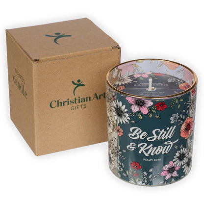 Christian Art Gifts Be Still & Know Scented Candle: Soy Wax, Pure Essential Oils, Calming Breeze Scent, Bible Verse, Floral Design Glass Jar, Encouragement Gift for Women, 40 Hours Burn Time