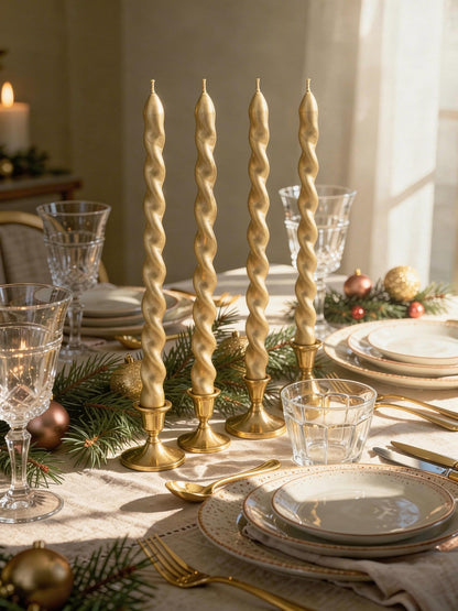 Viyffo Spiral Taper Candles 12 Inch – 4 Pack Gold, Dripless, Unscented, Smokeless – 9 Hour Burn – Tall Candlesticks for Wedding, Dinner, Holiday, Party, Home Decor