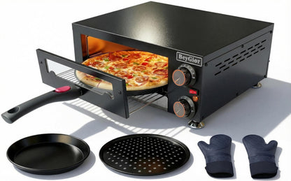 BeyGior Electric Pizza Oven Indoor,12 inch Countertop Pizza Maker with Viewing Window,Stainless Steel Commercial Pizza Oven, Removable Handle,Dual Baking Trays and Oven Mitts