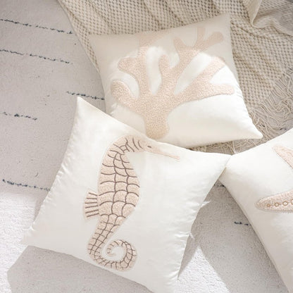 Tosleo Coastal Throw Pillow Covers 18x18 Pack of 2 Beige Seahouse Embroidered Pillow Covers Beach Velvet Pillow Cushion Cases Farmhouse Decor Ocean Themed Pillowcase for Summer