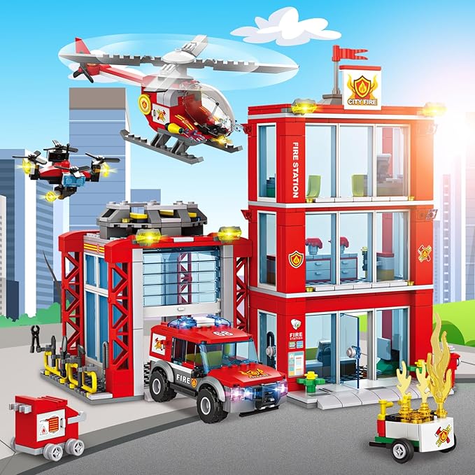 City Fire Station Building Kit Compatible with Lego Fire Rescue Building Blocks Includes Fire Station Fire Truck Fire Helicopter and Drone Toy Set Gift for Kids Boys Girls Age 6-12（784 PCS）