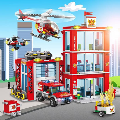 City Fire Station Building Kit Compatible with Lego Fire Rescue Building Blocks Includes Fire Station Fire Truck Fire Helicopter and Drone Toy Set Gift for Kids Boys Girls Age 6-12（784 PCS）