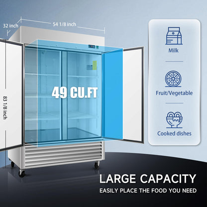 DeepTide 54" W Commercial Refrigerator with Double-Door: 49 Cubic Feet Storage, Adjustable Shelving, Automatic Defrosting, Precision Digital Thermostat, LED Lights, Safety Locks