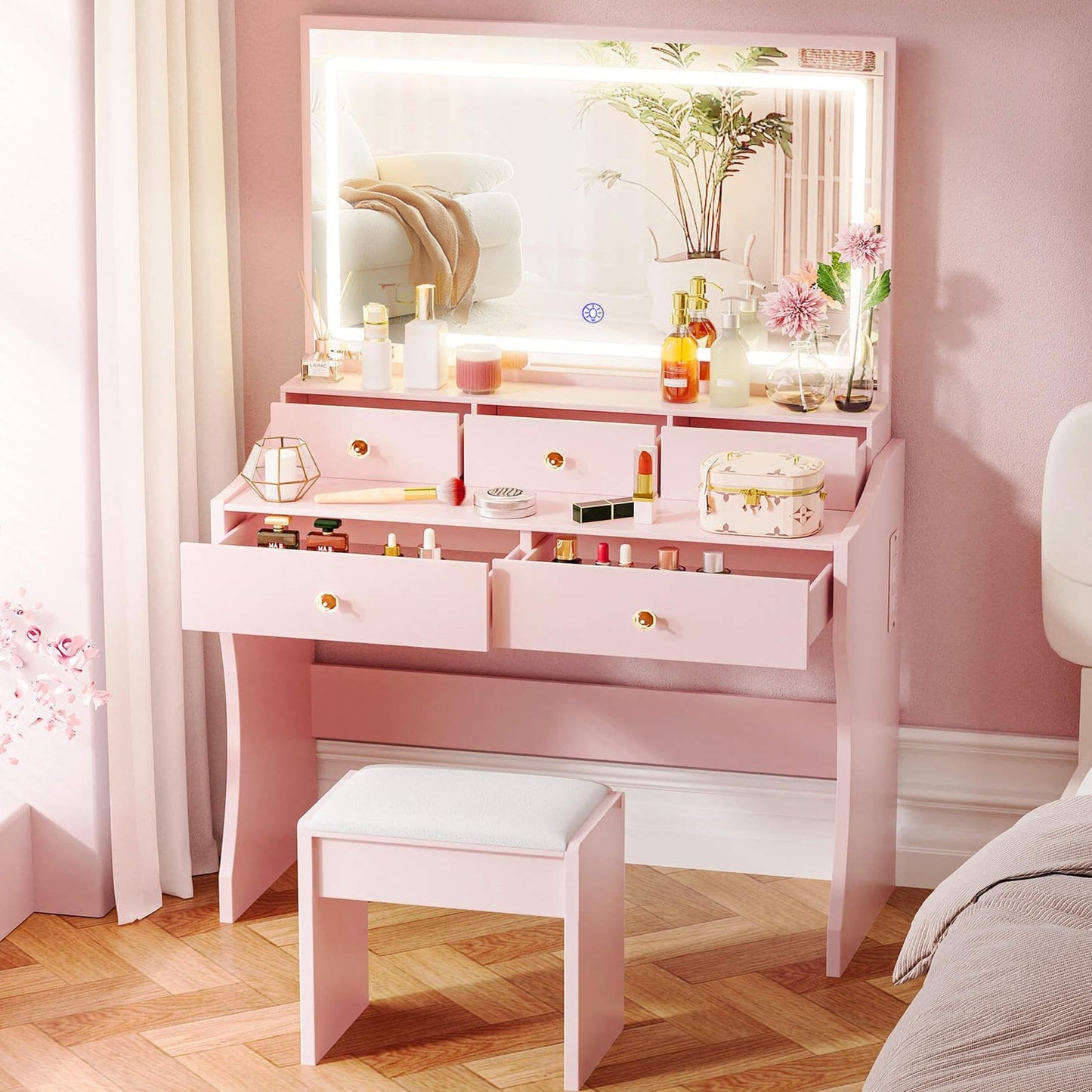 COMHOMA Makeup Vanity Desk with Mirror and Lights, Vanity Table and Chair Set with 5 Drawers and Charging Station, Bedroom Dresser LED Mirror Stepless Dimmable & 3 Color Modes Adjustable, White