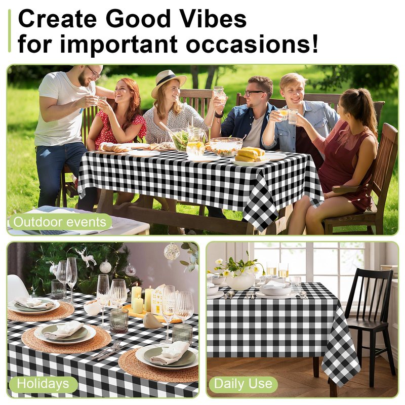 QIKSION Black Gingham Tablecloth Disposable 12 Pack, 54 x 108 Inch Black and White Checkered Table Cloth for Picnic, Outdoor BBQ Decorations, Birthday Party Supplies, Rectangle, Plastic Table Cover