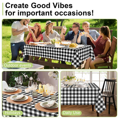 QIKSION Black Gingham Tablecloth Disposable 12 Pack, 54 x 108 Inch Black and White Checkered Table Cloth for Picnic, Outdoor BBQ Decorations, Birthday Party Supplies, Rectangle, Plastic Table Cover