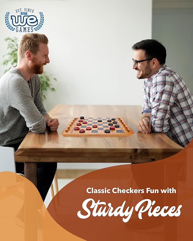 WE Games Solid Wood Checkers Board Game – 14.5-Inch Vintage Checkers Set with Inset Grooves &amp 24 Red &amp Black Board Game Pieces – Fun Family Table Game