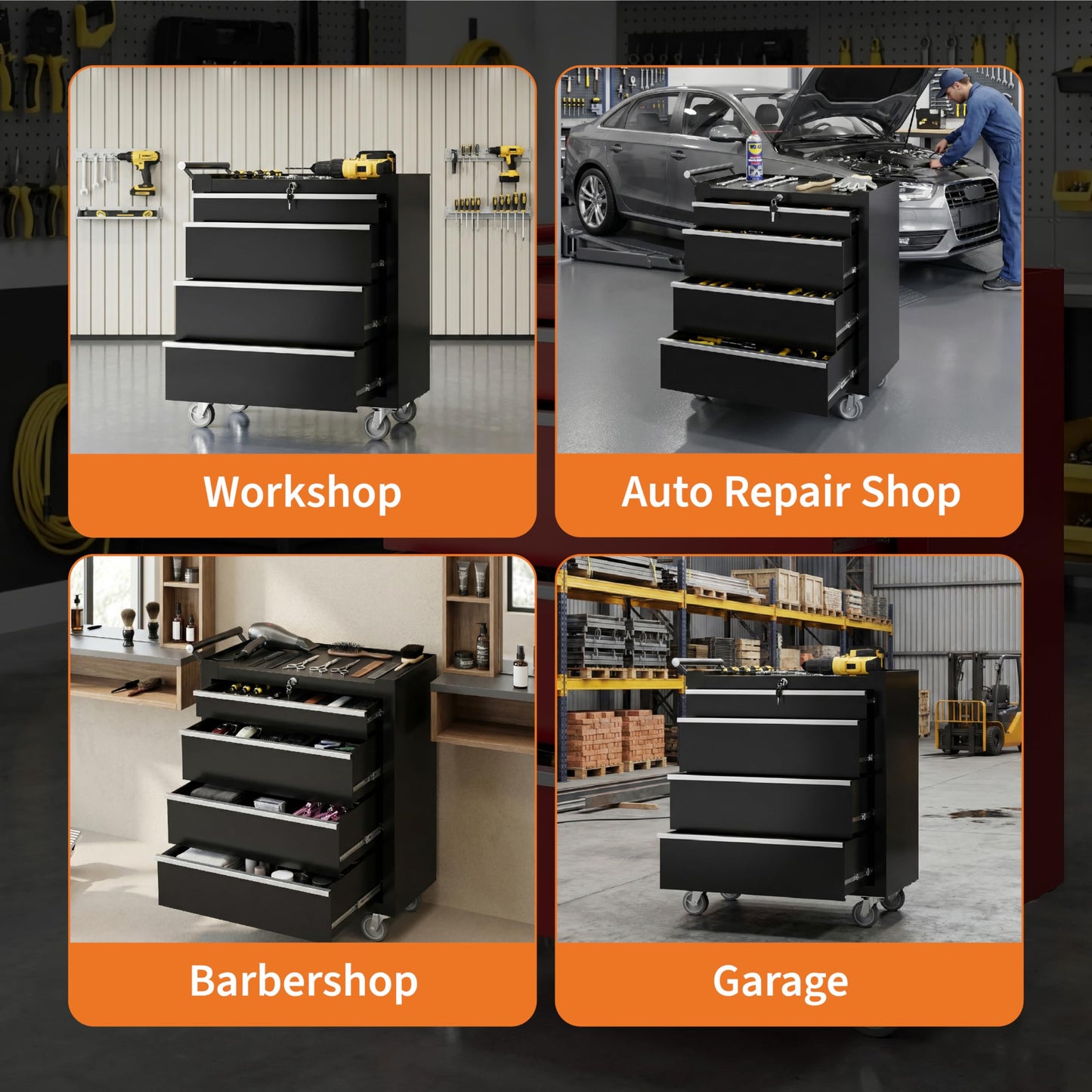 PeakPursuit 4-Drawers Rolling Tool Chest, Portable Tool Box with Wheels and Lock System, Secure Storage Cabinet for Warehouse, Workshop, and Repair Shop, Black