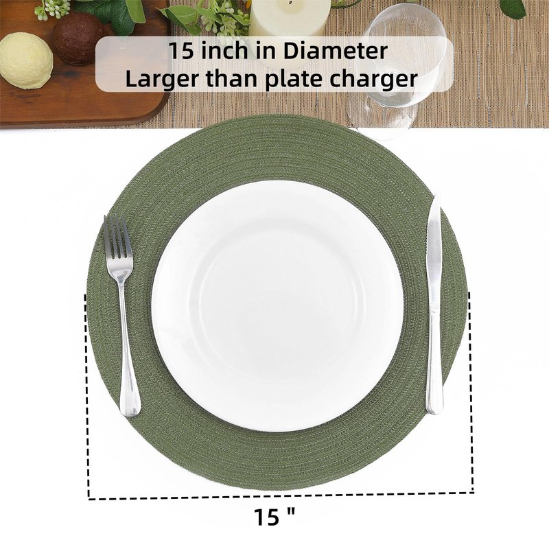 SHACOS Round Placemats Set of 8 Washable 15 inch Round Table Mats Cotton Polyester Woven Braided Place Mats for Dining Table Wedding Party Decor (Olive Green, 8)