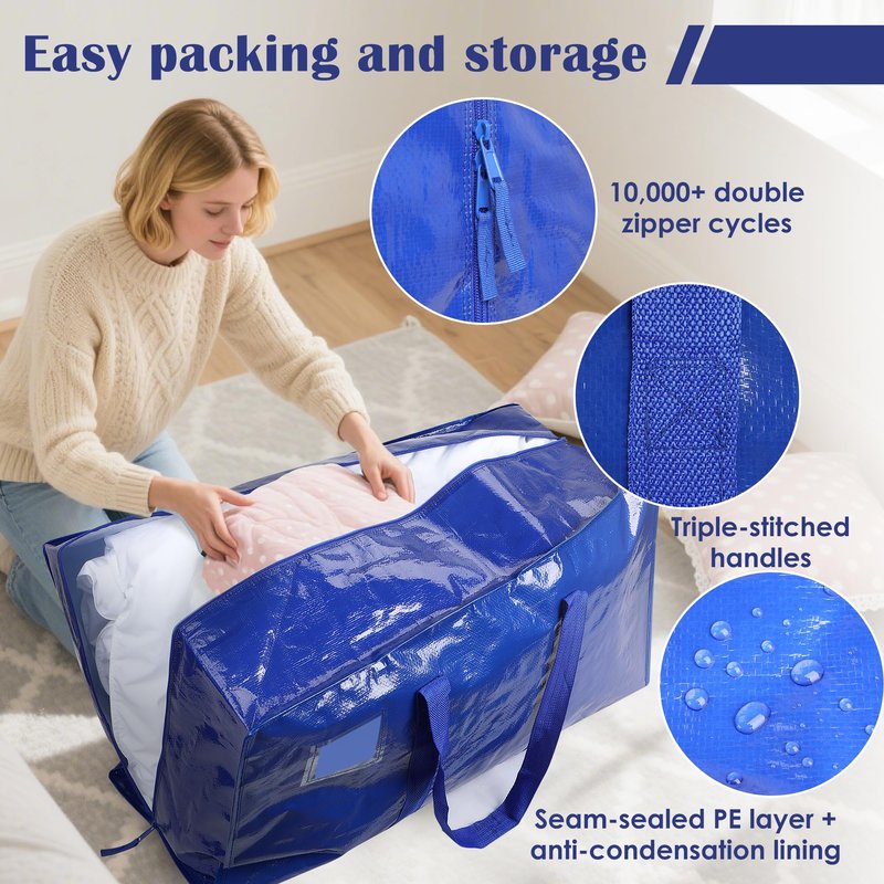 RMOHRO 12 Pack Moving Bags with Full-Open Side Zipper, Extra Large 93L Heavy Duty Waterproof Foldable Storage Totes for College Dorm, Moving & Home Organization Blue