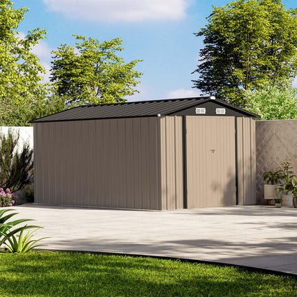Patiowell 12 x 8 FT Outdoor Storage Shed, Steel Shed Storage House with Design of Lockable Doors, Utility and Tool Storage for Garden, Patio, Backyard, Outside use, Brown