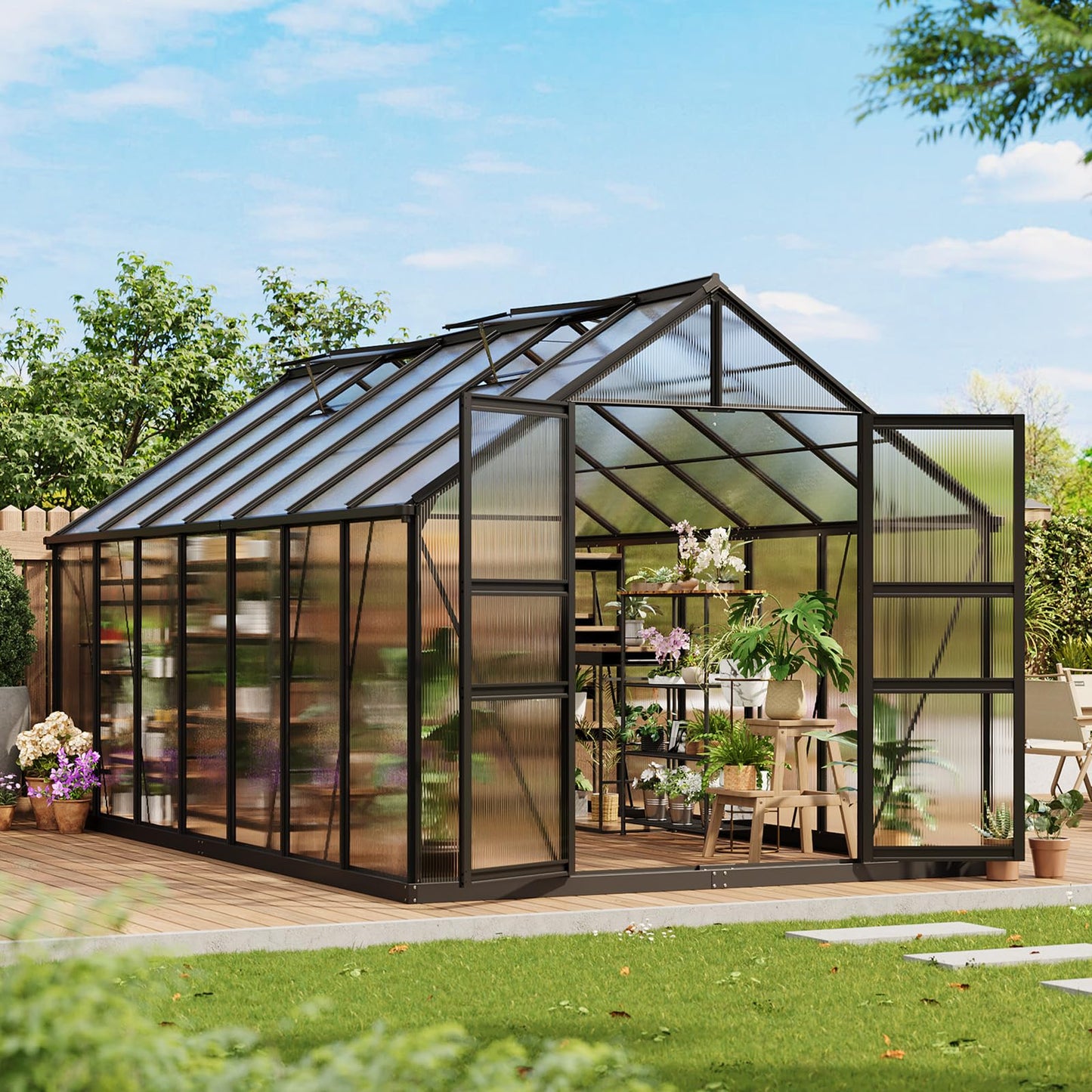 8×14 FT Outdoor Aluminum Polycarbonate Greenhouse, Easy Assembly Walk-in Greenhouse with Roof Vent & Lockable Hinged Door, Large Heavy Duty Greenhouse for Patio, Backyard, Garden, Sunroom, Black
