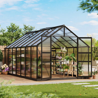8×14 FT Outdoor Aluminum Polycarbonate Greenhouse, Easy Assembly Walk-in Greenhouse with Roof Vent & Lockable Hinged Door, Large Heavy Duty Greenhouse for Patio, Backyard, Garden, Sunroom, Black