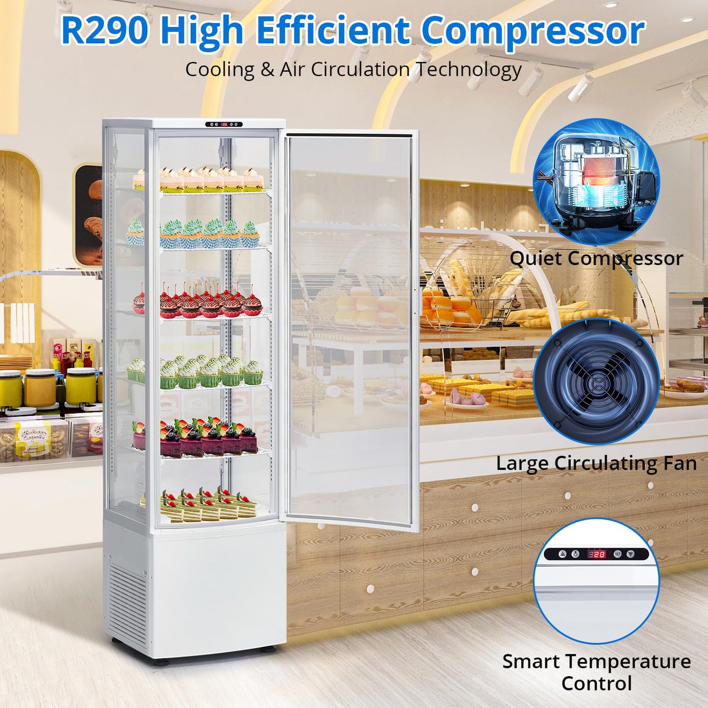 SierraSquad 9.8 Cu.ft Commercial Refrigerator Display Case, Pastry Display Fridge with 4-Sided Double-Layered Glass & LED Lighting, Ventilated Cooling Bakery Display Refrigerator with Casters