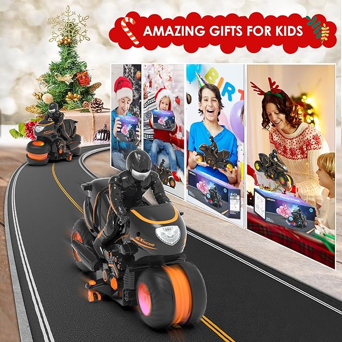 Remote Control Motorcycle for Kids 5-12 2026 New Edition RC Stunt Bike with Sideways Glide RGB Color-Changing Wheels 2.4GHz Anti-Interference 2x1200mAh Battery Gift for Boys Girls