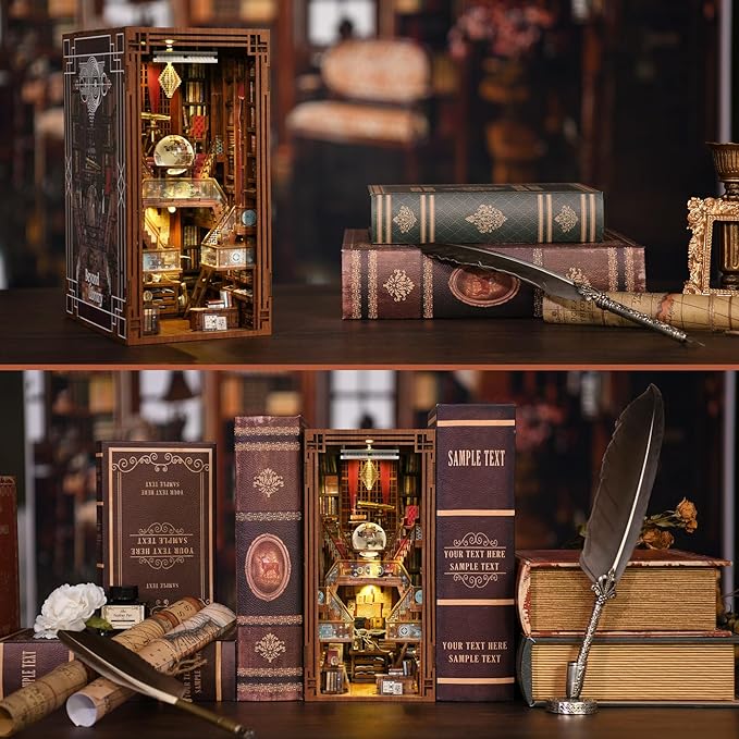 DIY Book Nook Kit DIY Miniature Dollhouse Booknook Kit 3D Wooden Puzzle Bookend Bookshelf Insert Decor with LED Light for Teens and Adults (Beyond Library)