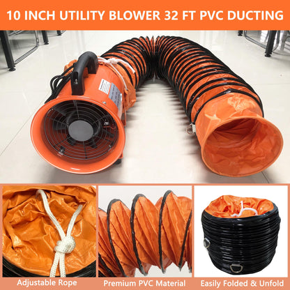 FICBXRA Utility Blower Fan 10 Inch Portable Axial Exhaust Fan 350W/2.6A 1600CFM High Velocity Ventilator with 32FT Duct Hose for Exhausting & Ventilating at Home and Job Site