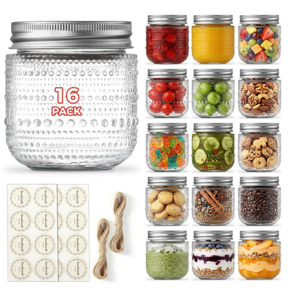NETANY 16 Pack Small Glass Jars with Lids 8 oz Vintage Embossed Half Pint Mason Jars, Regular Mouth Canning Jars with Metal Lids for Pickling, Jam, Honey, Spice, Yogurt, Candle Making and DIY Crafts