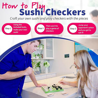 Project Genius: Sushi Checkers - Game &amp Sushi Making Set Folding Bamboo Game Board 24 Checkers &amp Chopsticks Set Adults &amp Kids Ages 8+ 2 Players