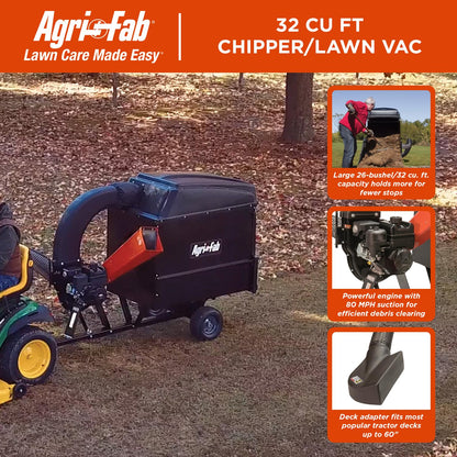 Agri-Fab Chip-N-Vac Collection System, 32 Cu Ft Tow Behind Lawn Vacuum and Chipper with Deck Adapter and Clear Hose