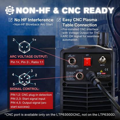 LOTOS Apex LTP6300DCNC | 63A CNC-Enabled Plasma Cutter, Drag-Cut Enables, Non-HF Blowback Pilot Arc, 3/4" Clean (1" Sever), THC/ARC OK, Dual-Voltage 110/220V, LED Controls, Portable Air Plasma Cutter