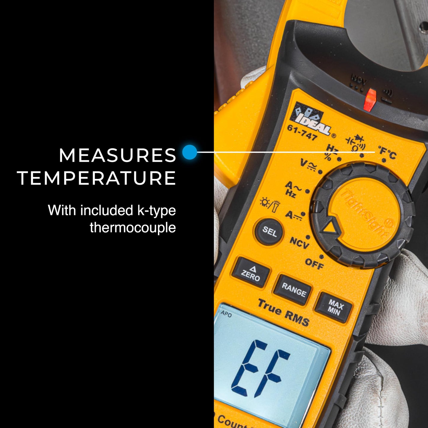 IDEAL Electrical 61-747 TightSight 400 Amp 600-Volt Digital Truerms AC/DC Clamp Meter, CAT III 600V, Dual Backlit Displays, Flashlight, NCV 40–600V, Temp, Continuity, Capacitance, Diodes, Probe Holder