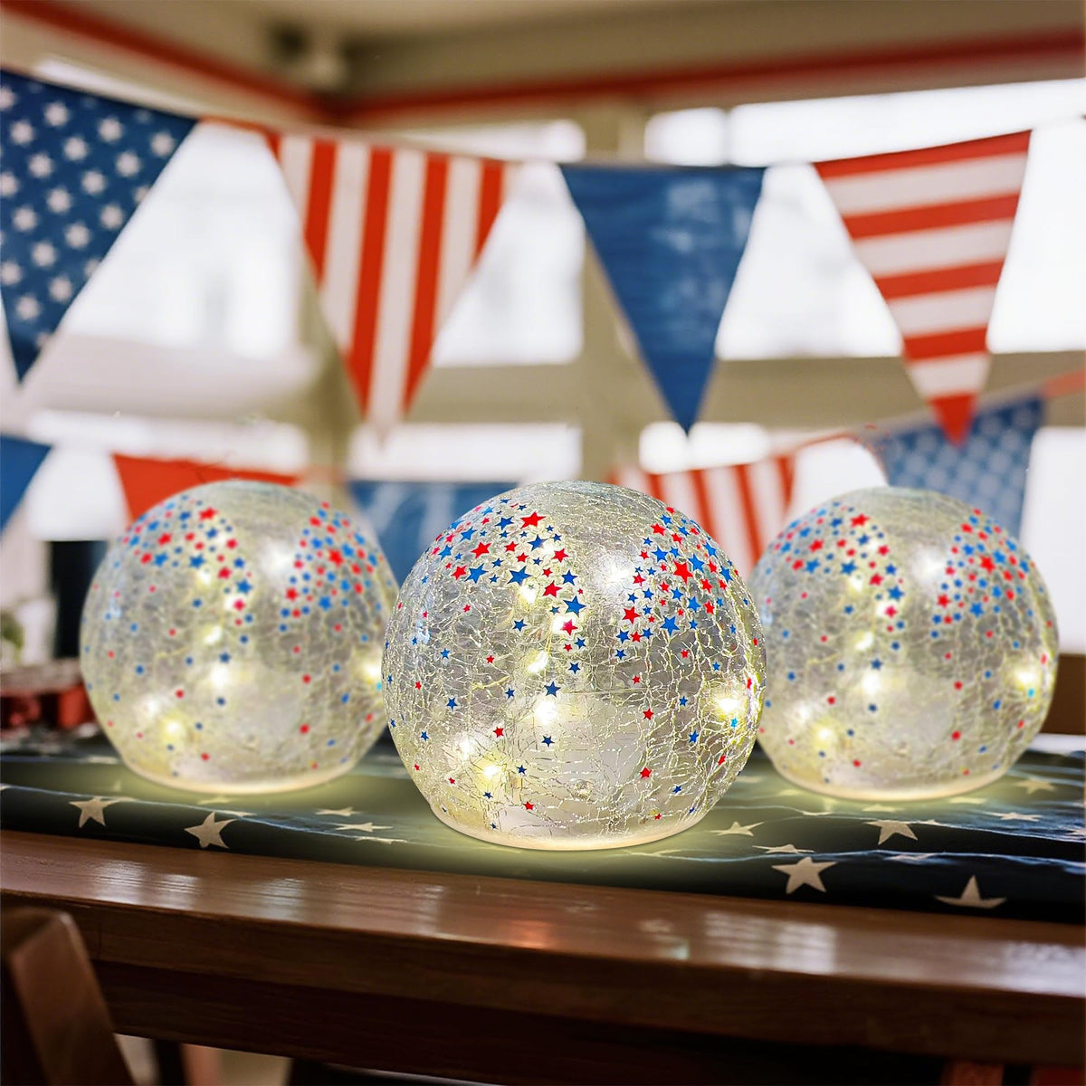 3PCS Independence Day Decorative Lights, 3.93-inch Independence Day Desktop Decoration LED Night Light, Cracked Glass Ball Light with Timer, 4th of July Decoration (Small Five-Pointed Star)